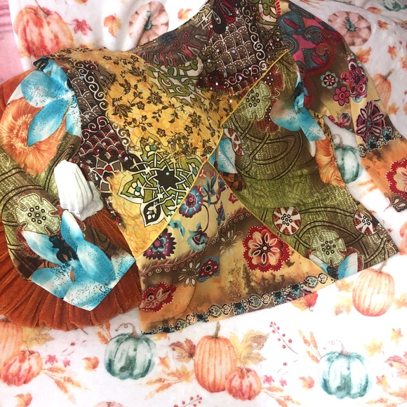 Festive fall 3/4 sleeve mixed print stretchy top by Caia - Picture 1 of 5